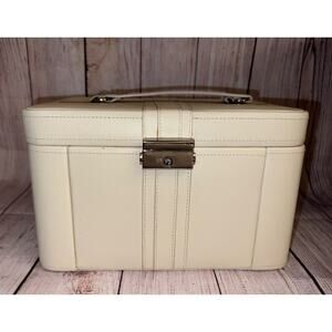 Pottery Barn Cream Leather Jewelry Box Carrying Case w/ Key & Handle